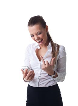 Anger young business woman fuck sign on cell phone isolated