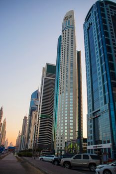 Main road of a United Arab Emirates, Shekh Zayed road. Shot taken in Dubai. Many of famous buildings can be seen as well as metro station Outdoors