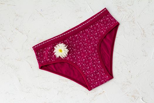 Red cotton panties with flower bud on the white structured background. Woman underwear set. Top view.