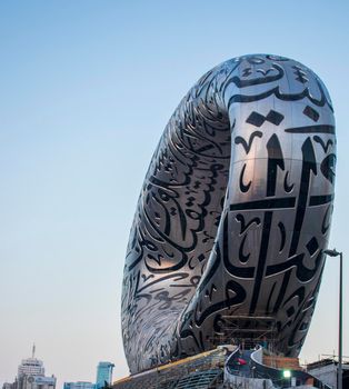 View of a Museum of the future on last stages of construction. Dubai,UAE. Outdoors