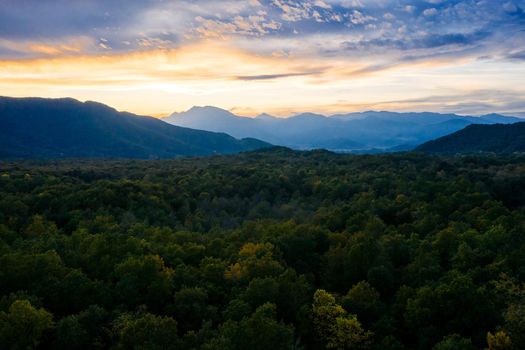 panoramic view of the mountains at sunset with a forest in the foreground, freedom and adventure travel concept