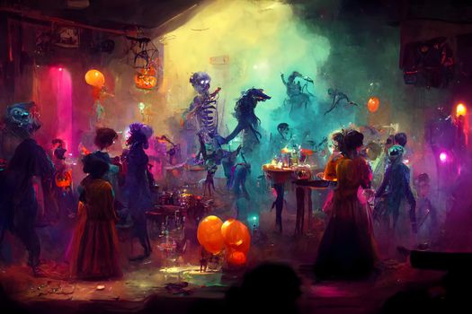 colorful halloween indoor party, neural network generated art. Digitally generated image. Not based on any actual scene or pattern.