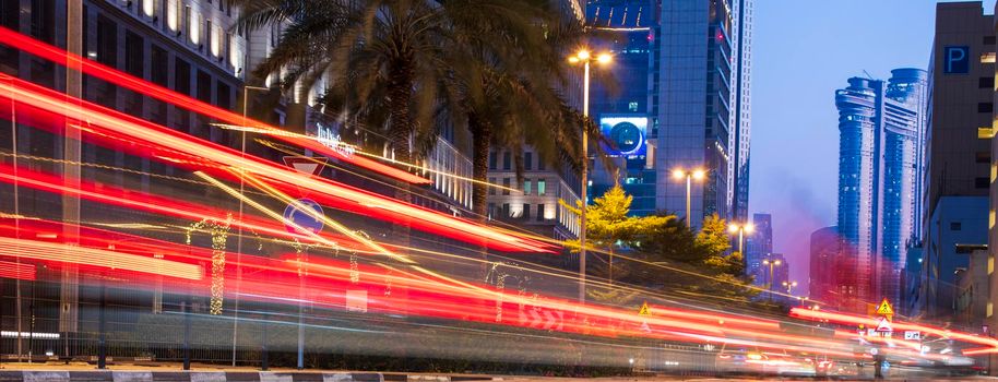 Light trails on Dubai Financial Center road. Dubai. Outdoors