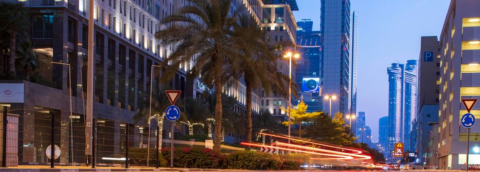 Light trails on Dubai Financial Center road. Dubai. Outdoors