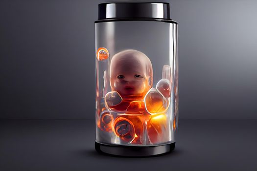 human baby embyo inside incubator breeding tank on gray background, ectogenesis concept, neural network generated art. Digitally generated image. Not based on any actual scene or pattern.