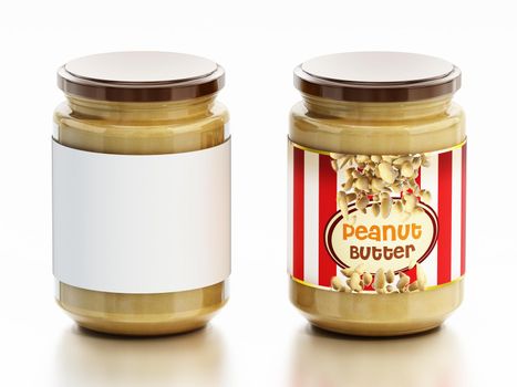 Peanut butter jars with white and product labels isolated on white background. 3D illustration.