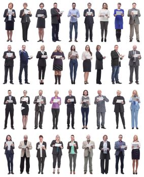 group of people demonstrating tablet looking at camera isolated on white background