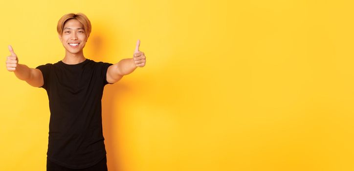 Portrait of assured handsome asian man showing thumbs-up in approval, like idea, standing yellow background.