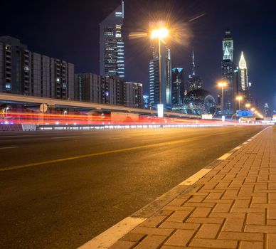 Main road of a United Arab Emirates, Shekh Zayed road. Shot taken in Dubai. Many of famous landmarks can be seen as well as metro station and Museum of future. Outdoors