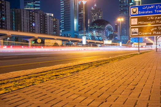 Main road of a United Arab Emirates, Shekh Zayed road. Shot taken in Dubai. Many of famous landmarks can be seen as well as metro station and Museum of future. Outdoors