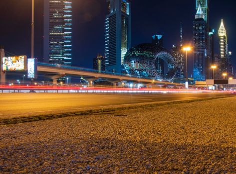 Main road of a United Arab Emirates, Shekh Zayed road. Shot taken in Dubai. Many of famous landmarks can be seen as well as metro station and Museum of future. Outdoors