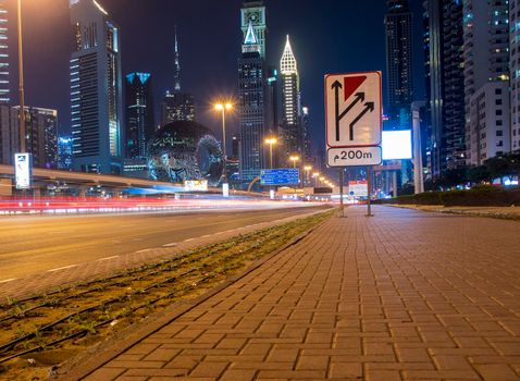 Main road of a United Arab Emirates, Shekh Zayed road. Shot taken in Dubai. Many of famous landmarks can be seen as well as metro station and Museum of future. Outdoors