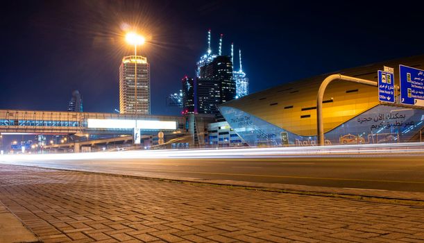 Main road of a United Arab Emirates, Shekh Zayed road. Shot taken in Dubai. Many of famous landmarks can be seen as well as metro station and Museum of future. Outdoors
