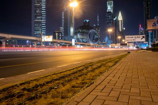 Main road of a United Arab Emirates, Shekh Zayed road. Shot taken in Dubai. Many of famous landmarks can be seen as well as metro station and Museum of future. Outdoors