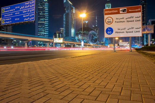 Main road of a United Arab Emirates, Shekh Zayed road. Shot taken in Dubai. Many of famous landmarks can be seen as well as metro station and Museum of future. Outdoors