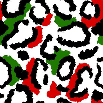 Hand drawn seamless green red christmas leopard pattern, festive wild cheetah background, animal fur skin print. December wrapping holiday paper, invitations cards design