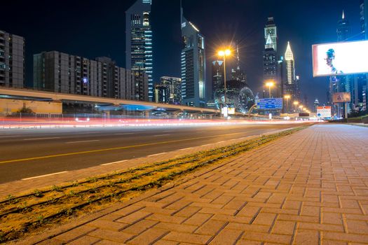 Main road of a United Arab Emirates, Shekh Zayed road. Shot taken in Dubai. Many of famous landmarks can be seen as well as metro station and Museum of future. Outdoors
