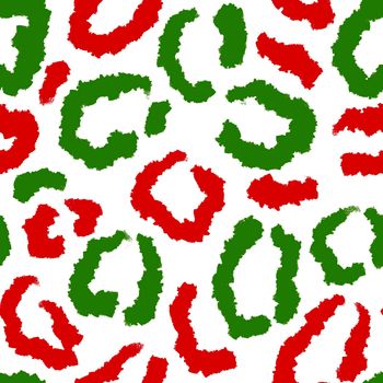 Hand drawn seamless green red christmas leopard pattern, festive wild cheetah background, animal fur skin print. December wrapping holiday paper, invitations cards design