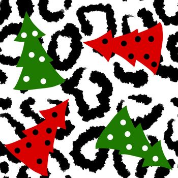 Hand drawn seamless green red christmas leopard pattern with christmas tree, festive wild cheetah background, animal fur skin print. December wrapping holiday paper, invitations cards design