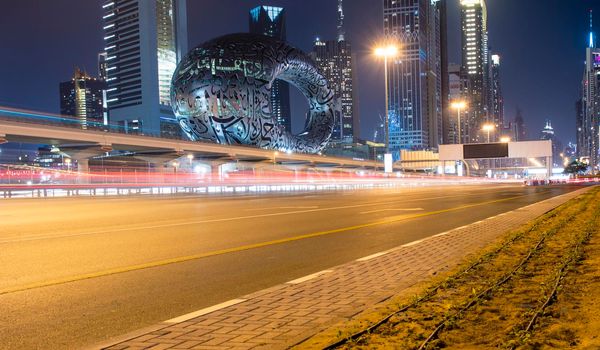 Main road of a United Arab Emirates, Shekh Zayed road. Shot taken in Dubai. Many of famous landmarks can be seen as well as metro station and Museum of future. Outdoors