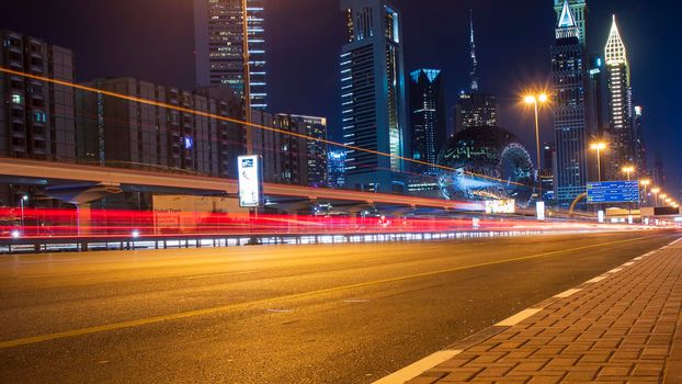 Main road of a United Arab Emirates, Shekh Zayed road. Shot taken in Dubai. Many of famous landmarks can be seen as well as metro station and Museum of future. Outdoors