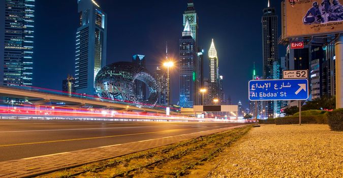 Main road of a United Arab Emirates, Shekh Zayed road. Shot taken in Dubai. Many of famous landmarks can be seen as well as metro station and Museum of future. Outdoors