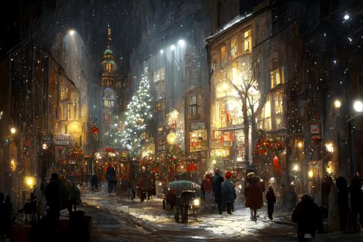 night crowded christmas european town street, neural network generated art. Digitally generated image. Not based on any actual scene or pattern.