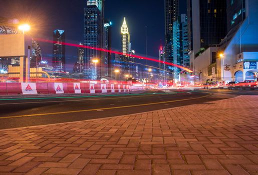 Main road of a United Arab Emirates, Shekh Zayed road. Shot taken in Dubai. Many of famous landmarks can be seen as well as metro station and Museum of future. Outdoors
