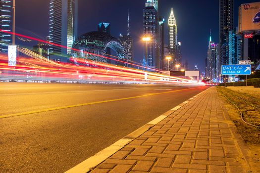 Main road of a United Arab Emirates, Shekh Zayed road. Shot taken in Dubai. Many of famous landmarks can be seen as well as metro station and Museum of future. Outdoors