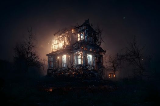 dark haunted house with illuminated windows at spooky misty dark halloween night, neural network generated art. Digitally generated image. Not based on any actual scene or pattern.