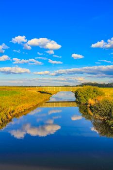 North German agricultural field forest river water dyke dike and nature landscape panorama in Weddewarden Bremerhaven Germany.