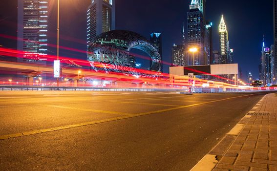 Main road of a United Arab Emirates, Shekh Zayed road. Shot taken in Dubai. Many of famous landmarks can be seen as well as metro station and Museum of future. Outdoors