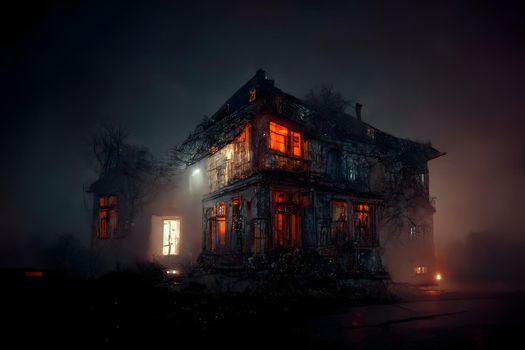 dark haunted house with illuminated windows at spooky misty dark halloween night, neural network generated art. Digitally generated image. Not based on any actual scene or pattern.