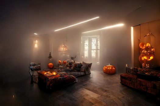 halloween decorated home interior with costumed figures and smoke or fog, neural network generated art. Digitally generated image. Not based on any actual scene or pattern.