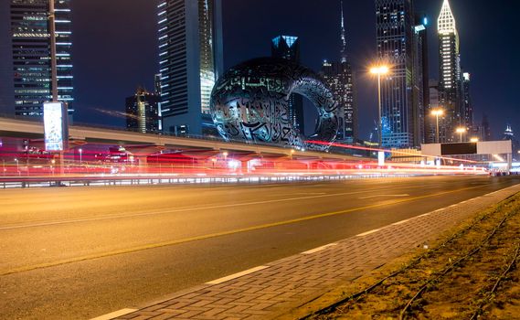 Main road of a United Arab Emirates, Shekh Zayed road. Shot taken in Dubai. Many of famous landmarks can be seen as well as metro station and Museum of future. Outdoors