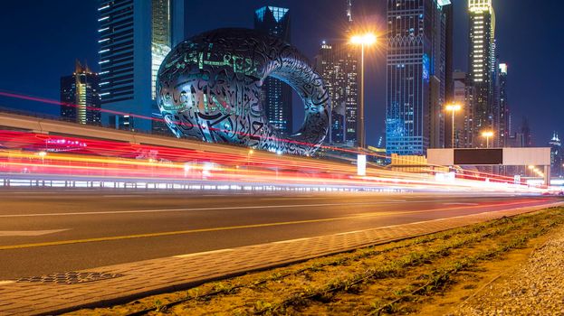 Main road of a United Arab Emirates, Shekh Zayed road. Shot taken in Dubai. Many of famous landmarks can be seen as well as metro station and Museum of future. Outdoors