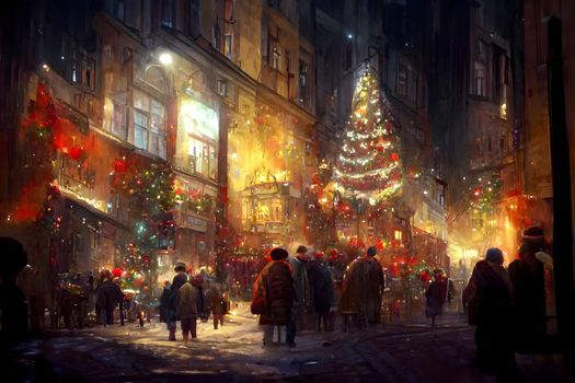 night crowded christmas european town street, neural network generated art. Digitally generated image. Not based on any actual scene or pattern.