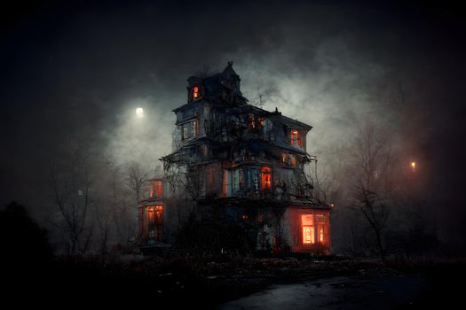 dark haunted house with illuminated windows at spooky misty dark halloween night, neural network generated art. Digitally generated image. Not based on any actual scene or pattern.