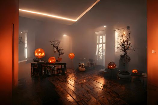halloween decorated home interior with costumed figures and smoke or fog, neural network generated art. Digitally generated image. Not based on any actual scene or pattern.