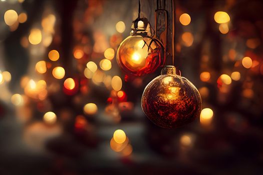 close-up christmas decorations background with selective focus and background blur, neural network generated art. Digitally generated image. Not based on any actual scene or pattern.