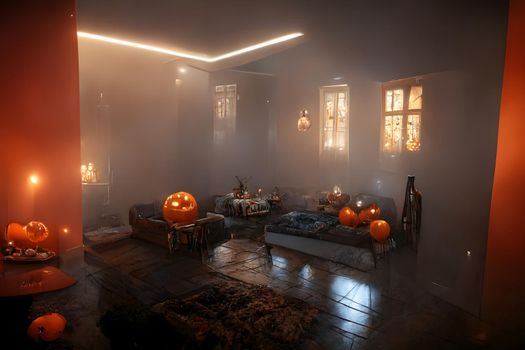 halloween decorated home interior with costumed figures and smoke or fog, neural network generated art. Digitally generated image. Not based on any actual scene or pattern.