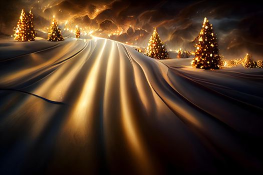 large snow covered field with christmas trees at night with golden light, neural network generated art. Digitally generated image. Not based on any actual scene or pattern.