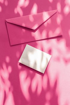 Holiday marketing, business kit and email newsletter concept - Beauty brand identity as flatlay mockup design, business card and letter for online luxury branding on pink shadow background