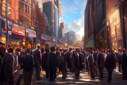 crowd of office suit wearing people walking to work at downtown street, neural network generated art. Digitally generated image. Not based on any actual scene or pattern.