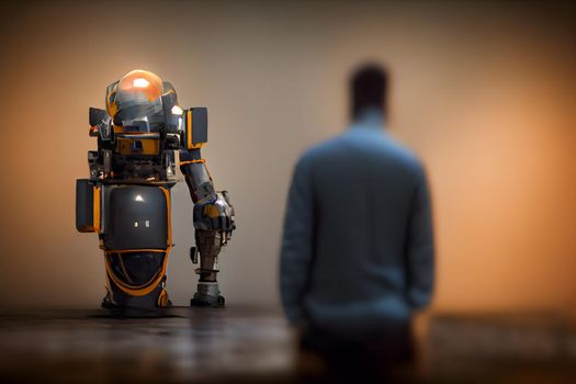 human looking at robot, natural and artificial intelligence relationships concept, neural network generated art. Digitally generated image. Not based on any actual scene or pattern.