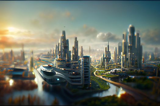 abstract futuristic utopian cityscape, neural network generated art. Digitally generated image. Not based on any actual scene or pattern.