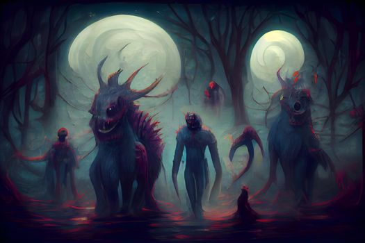 creepy fantastic nightmare alien creatures, neural network generated art. Digitally generated image. Not based on any actual scene or pattern.