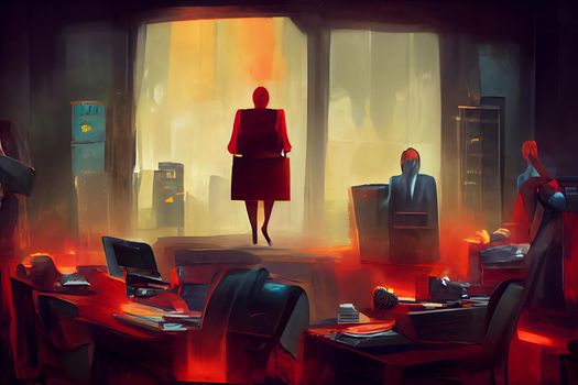 female boss silhouette, figure of woman in business suit at office, neural network generated art. Digitally generated image. Not based on any actual preson.