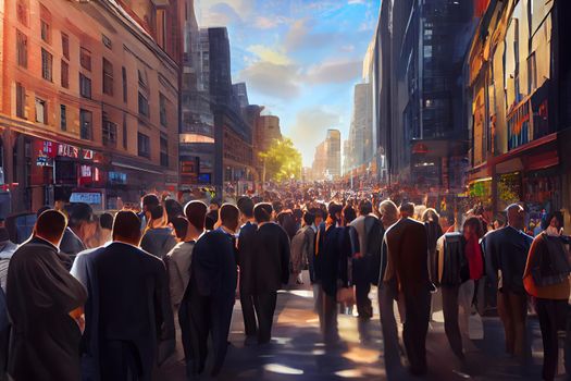 crowd of office suit wearing people walking to work at downtown street, neural network generated art. Digitally generated image. Not based on any actual scene or pattern.