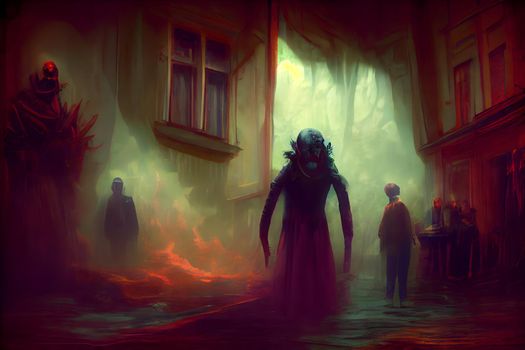 creepy fantastic alien creature in nightmare street under house windows surrounded with magic fumes, neural network generated art. Digitally generated image. Not based on any actual scene or pattern.